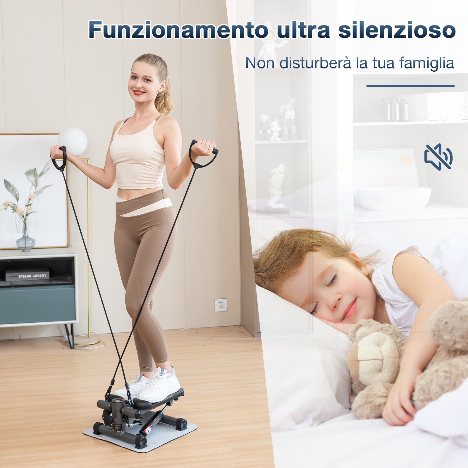 Donna usa lo stepper. Un bambino che dorme e un'icona audio spenta sullo sfondo.