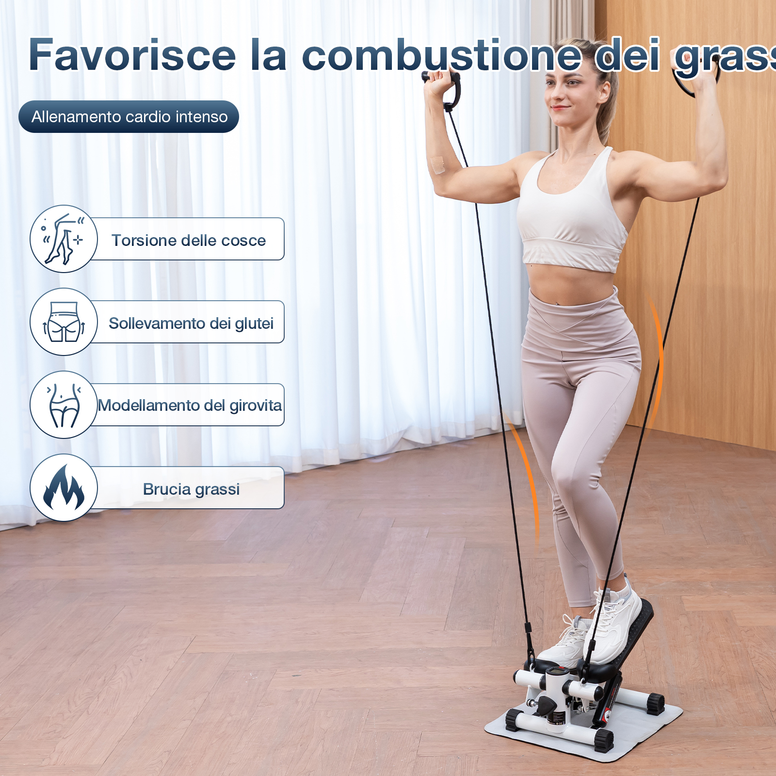 Una donna in abbigliamento sportivo utilizza uno stepper. L'immagine ha testo su cardio e benefici dell'esercizio.
