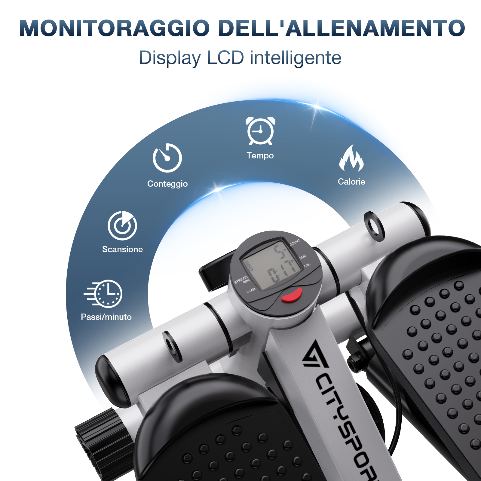 Un attrezzo ginnico con display digitale che mostra le metriche di allenamento: tempo, calorie, passi al minuto. Pedali neri.