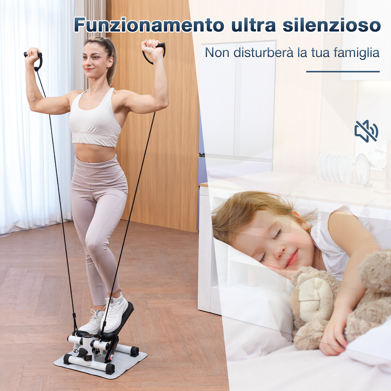 Donna che usa uno stepper. Un bambino che dorme sullo sfondo. Il testo dice 'funzionamento ultra silenzioso' e 'non disturberà la tua famiglia'.