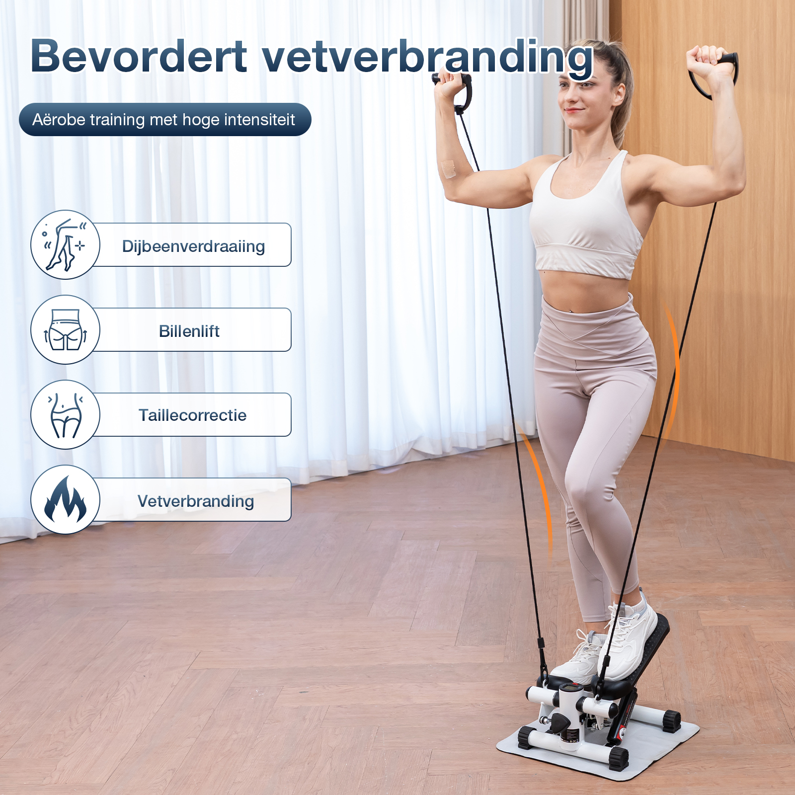 Een vrouw traint op een stepper. Ze houdt handvatten vast, draagt sportkleding. Nederlandse tekst adverteert vetverbranding en andere voordelen.