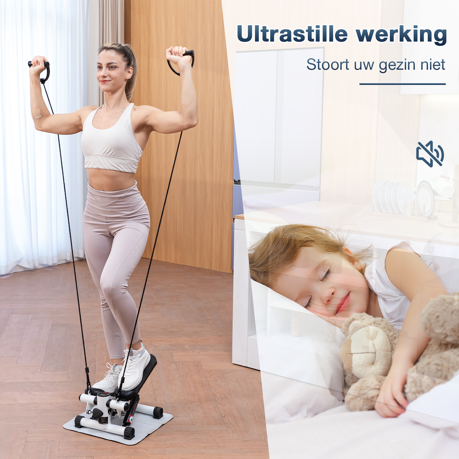 Vrouw die oefent met een stepper, kind slaapt op de achtergrond. De afbeelding adverteert stille oefening.