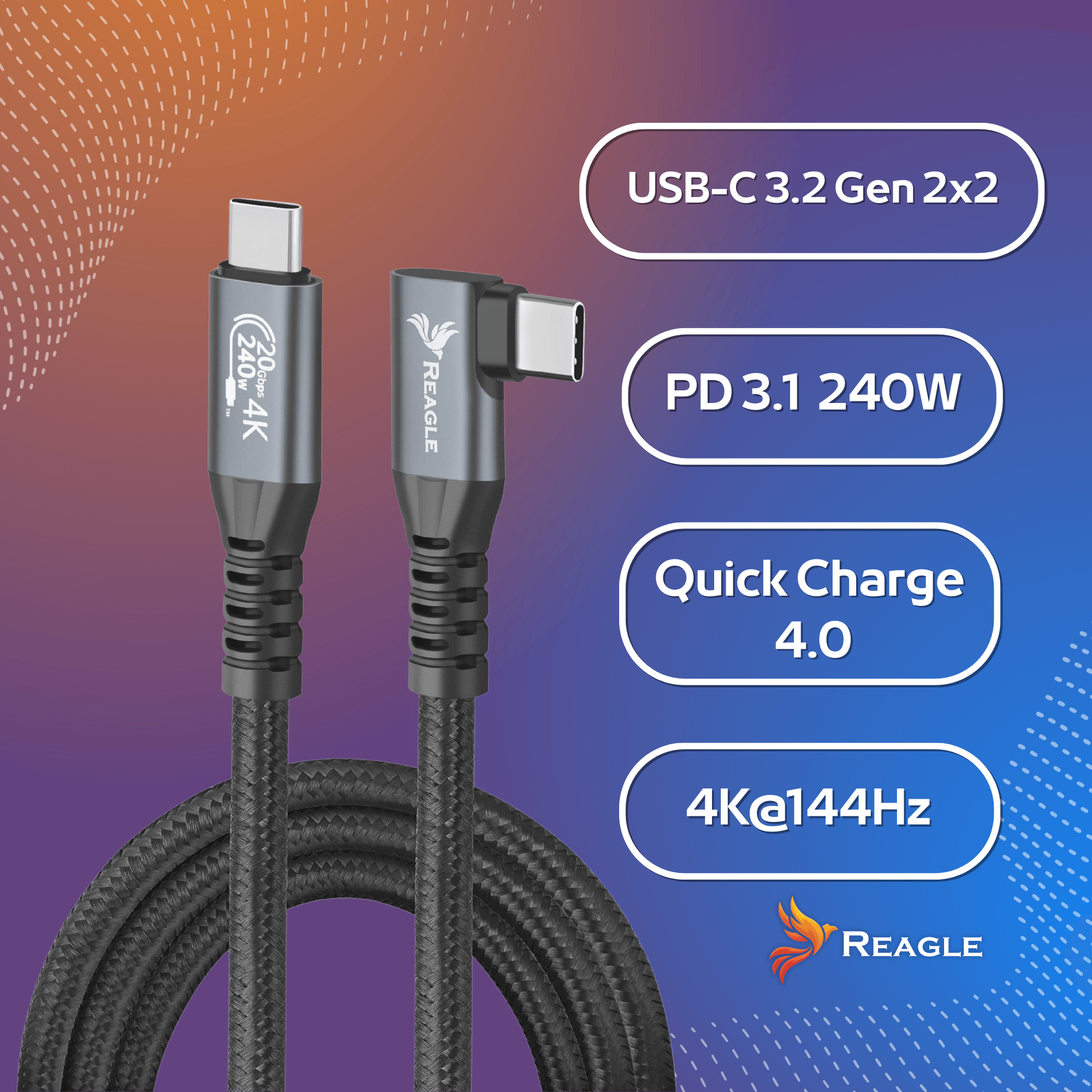 Czarny kabel USB-C ze specyfikacjami: USB-C 3.2, PD 3.1 240W, Quick Charge 4.0 i 4K@144Hz, z logo Reagle.