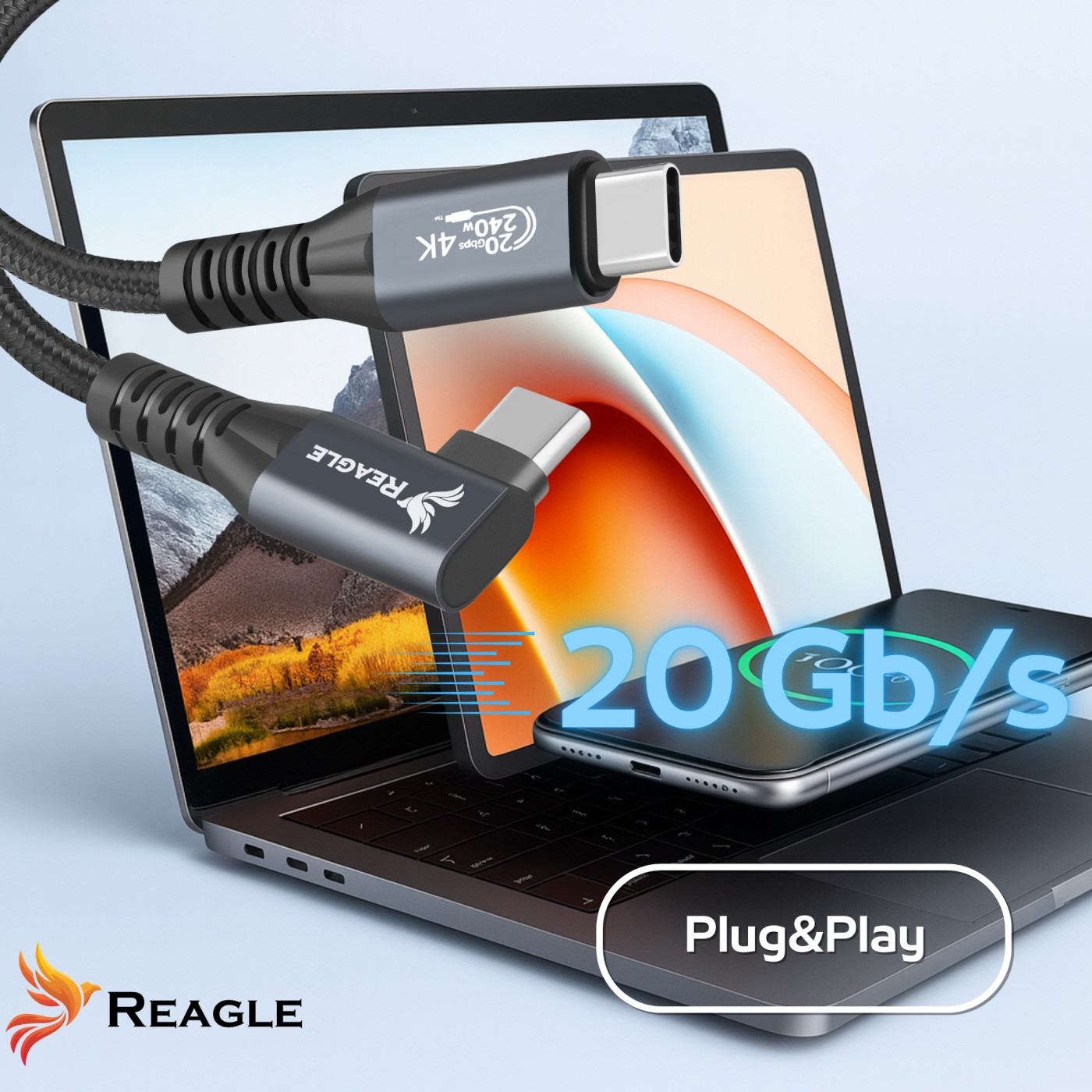 Laptop z kablem ładującym, telefon ładujący się bezprzewodowo oraz słowa 20 Gb/s i Plug&Play.