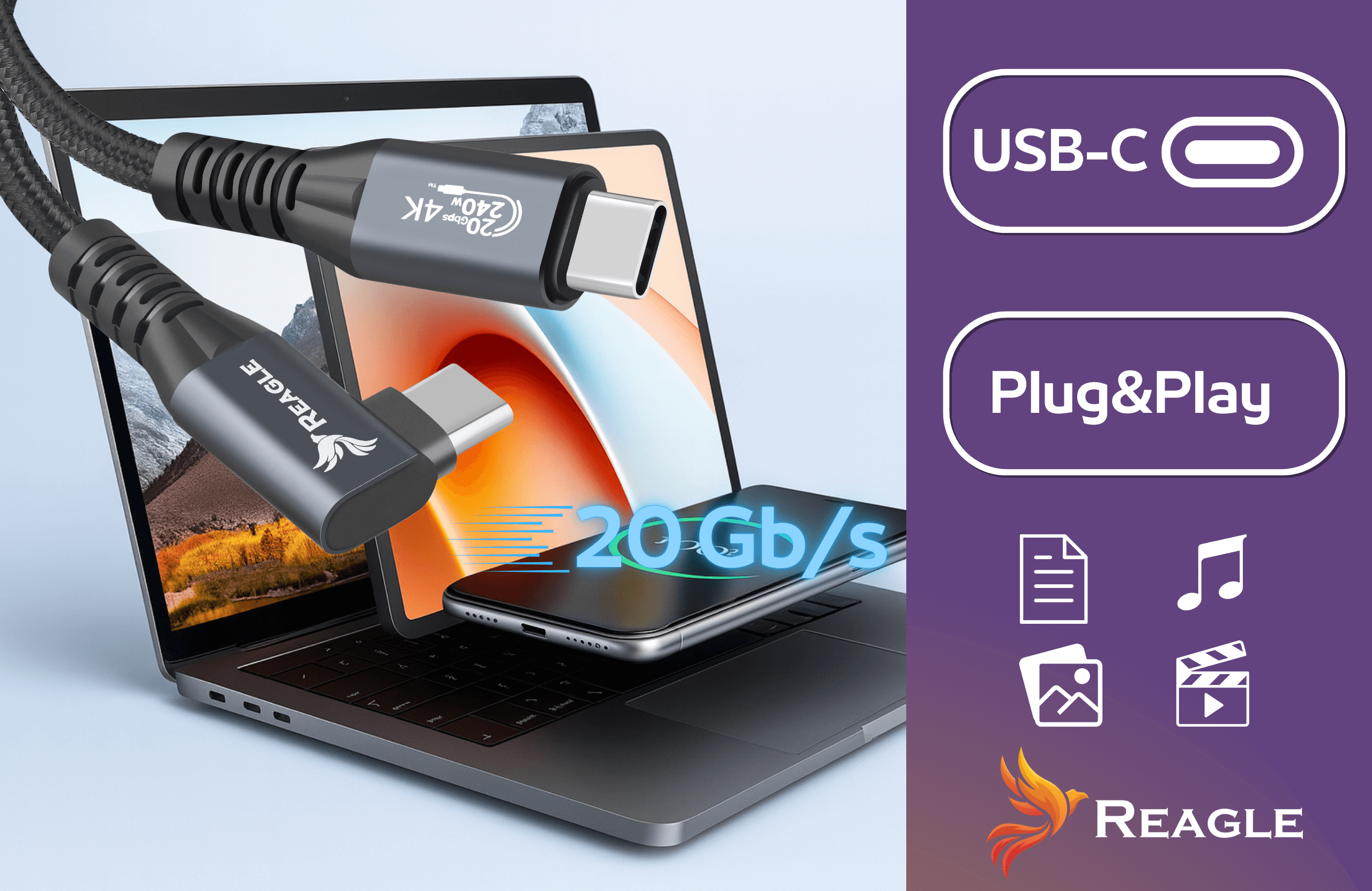 Obrazek przedstawia kable USB-C podłączone do laptopa i telefonu. Tekst podkreśla transfer danych 20 Gbps i funkcję Plug&Play.