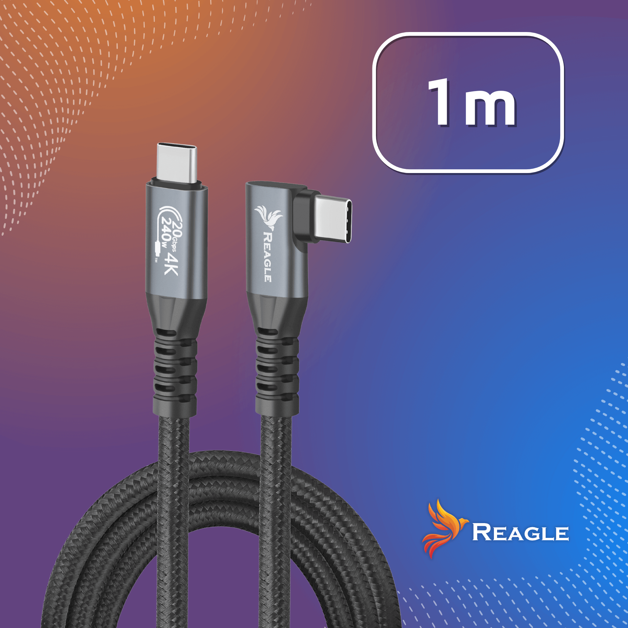 Czarny kabel USB-C z etykietą 1 m. Kabel ma markę Reagle i obsługuje 20 Gbps i 4K.