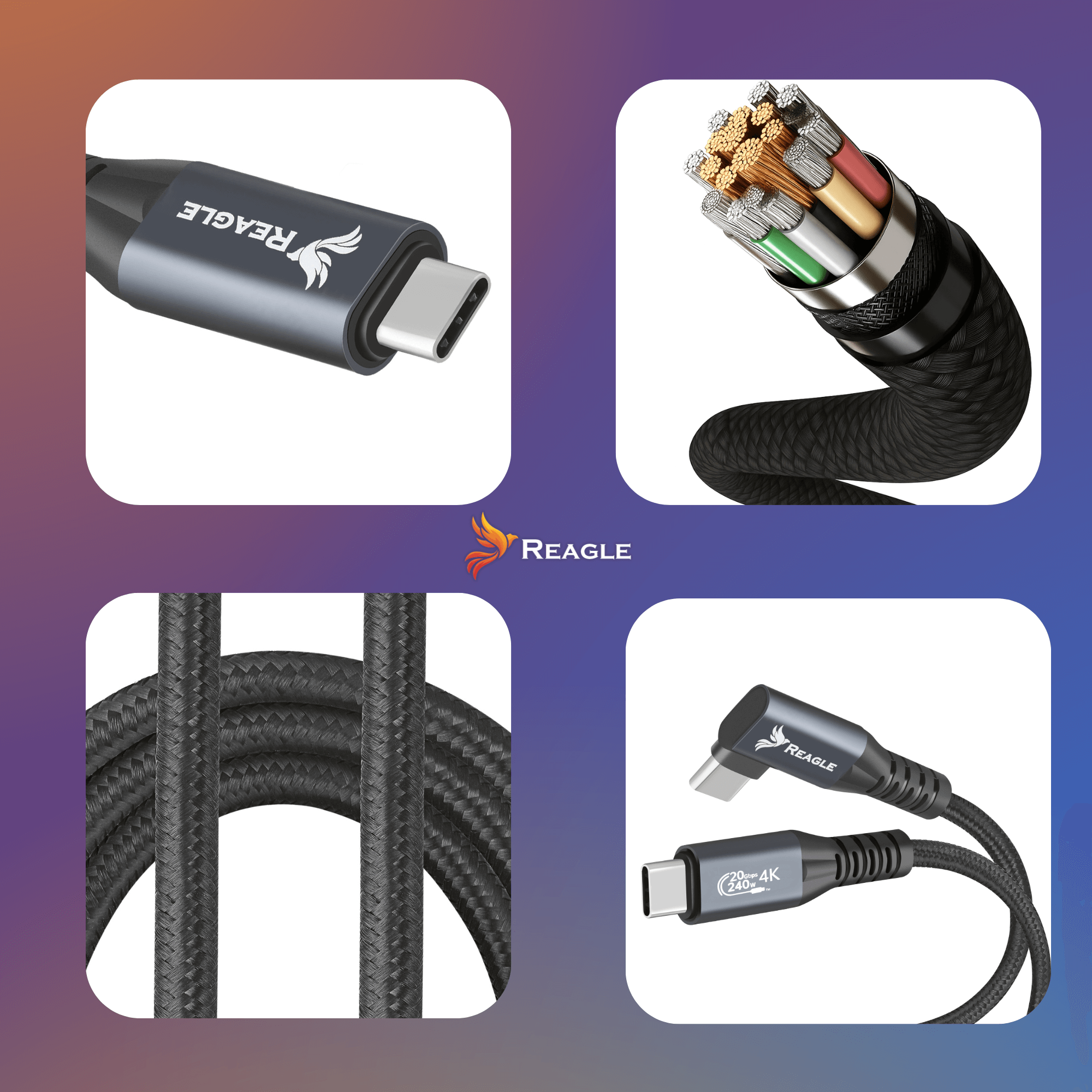 Kable USB-C. Szczegóły złącza, okablowania wewnętrznego i plecionego kabla. Marka jest widoczna.