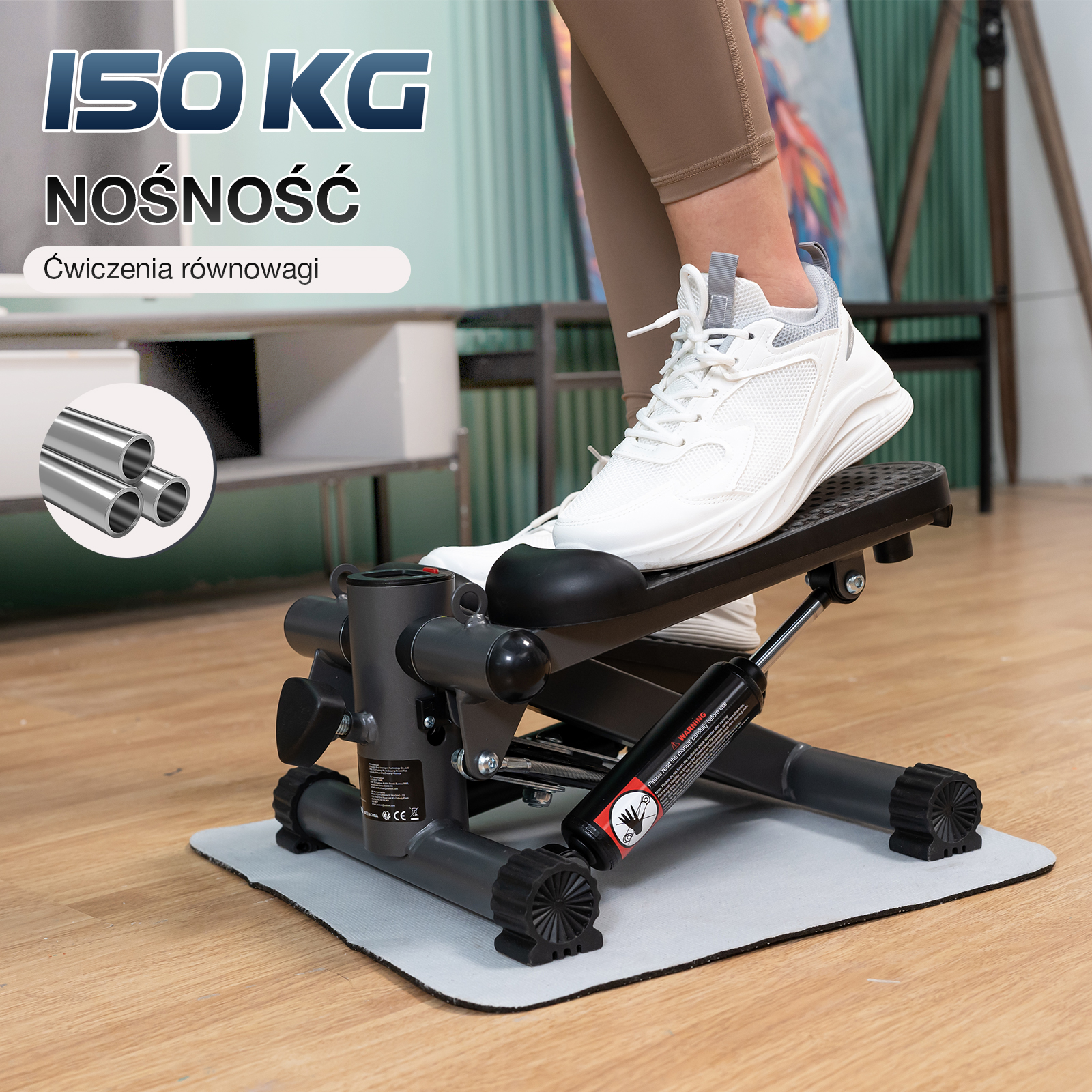 Osoba korzystająca ze steppera. Białe trampki na schodach. Tekst produktu: 150KG, Nośność, Ćwiczenia równowagi.