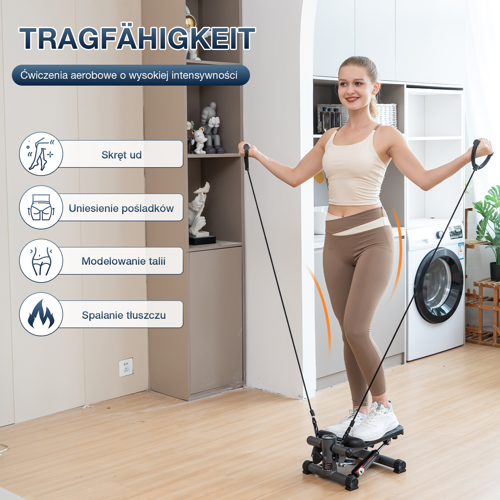 Kobieta ćwiczy na steperze. Obraz przedstawia maszynę i jej korzyści treningowe. Tło obejmuje pralkę.