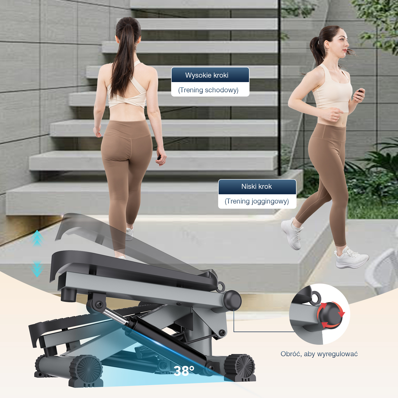 Obraz przedstawia stepper z dwiema kobietami, jedna idzie, druga biegnie. Tekst wskazuje 'wysokie kroki' i 'niskie kroki'.