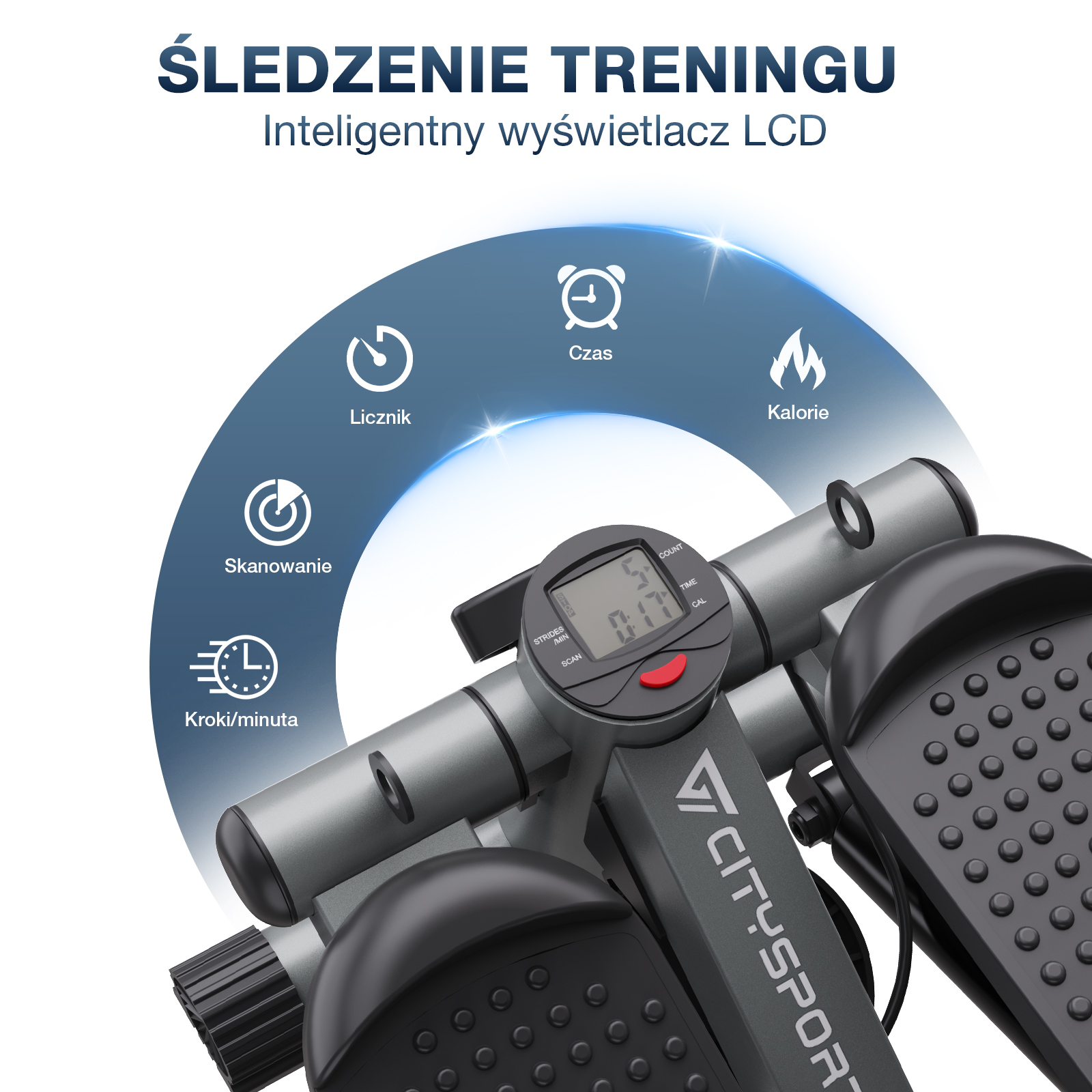 Urządzenie do ćwiczeń z ekranem LCD wyświetlającym statystyki. Ekran pokazuje czas, kalorie, kroki i dane skanowania.