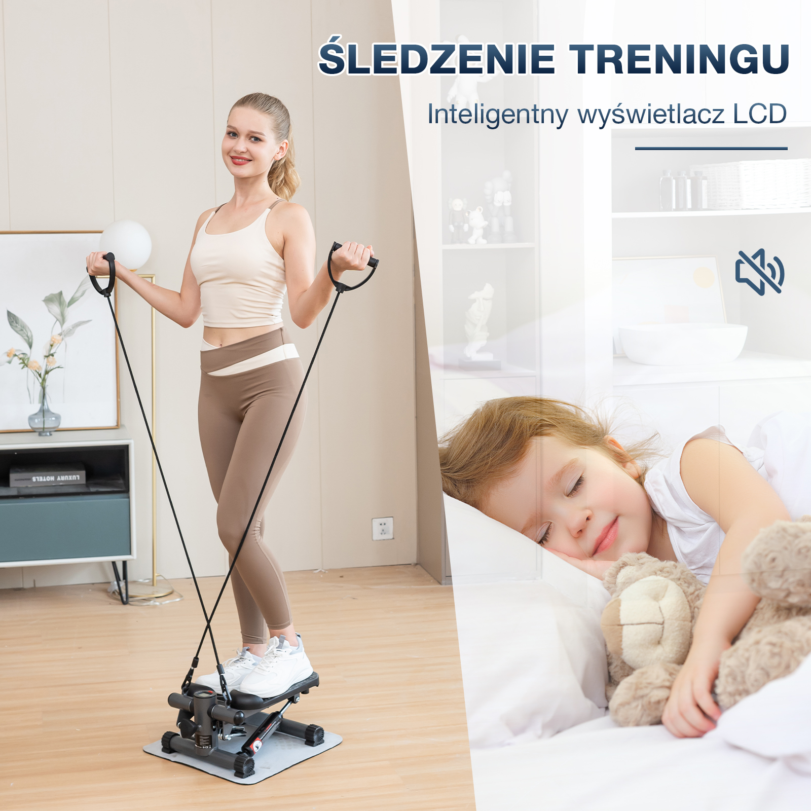 Kobieta używająca steppera z gumami oporowymi. Śpiące dziecko w tle. Nakładka tekstowa mówi: 'Śledzenie treningu'.