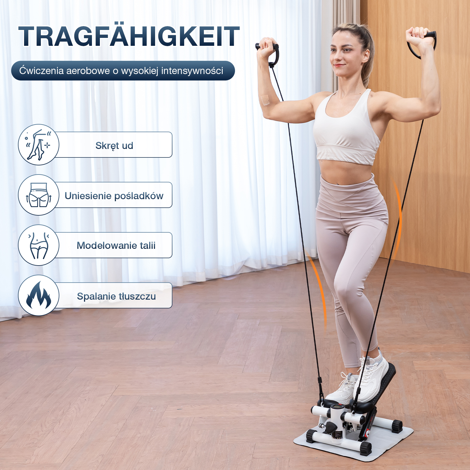 Kobieta ćwiczy na stepperze, ciągnąc za uchwyty. Tekst w języku polskim. Tło stanowią zasłony i drewniana podłoga.
