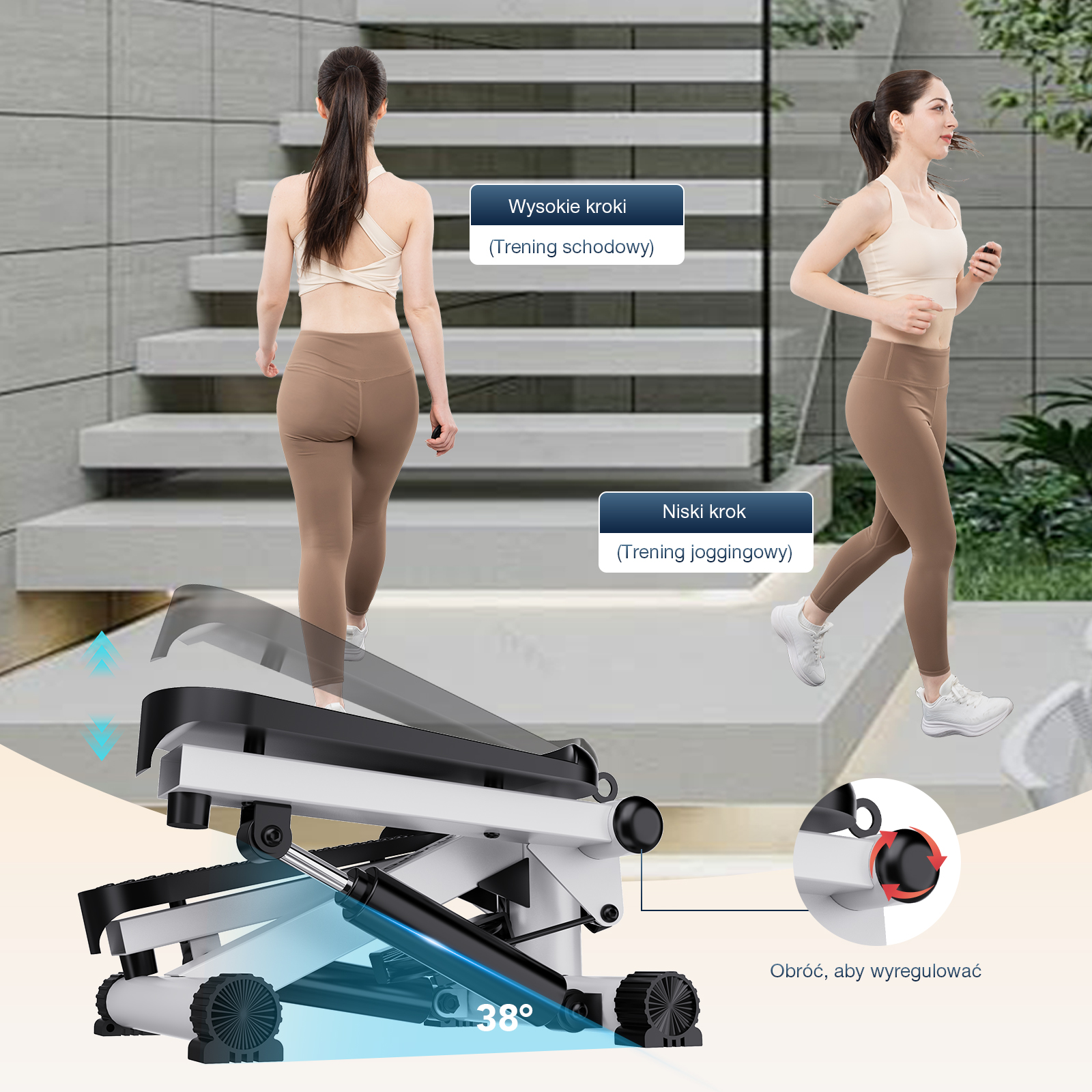 Obraz przedstawia dwie kobiety korzystające z maszyny do stepowania. Jedna wchodzi po schodach, druga biega. Maszyna jest na pierwszym planie.