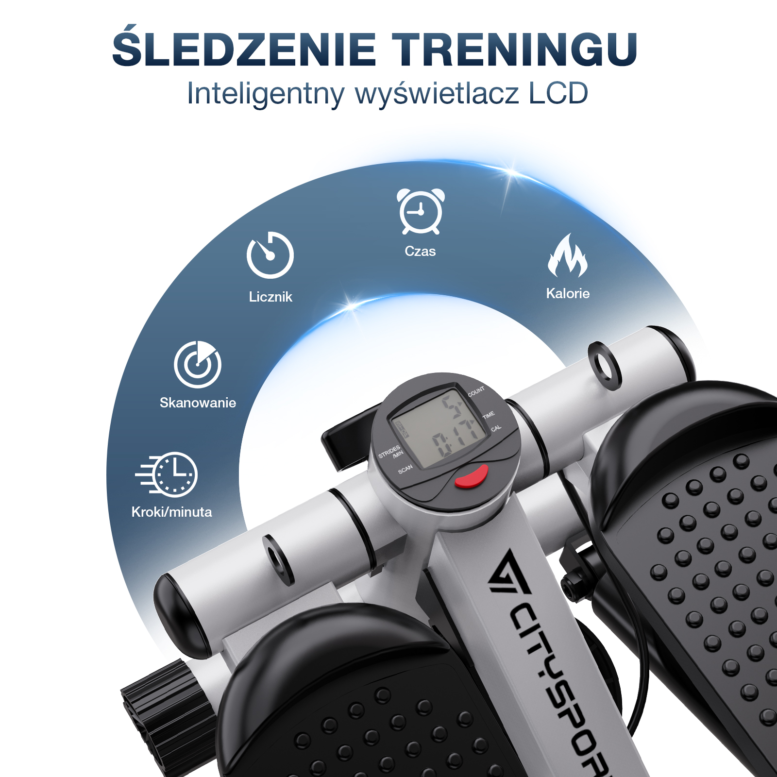 Stepper fitness z LCD pokazującym czas, kalorie, kroki. Ma czarne pedały i srebrną ramę. Widoczne logo CitySport.