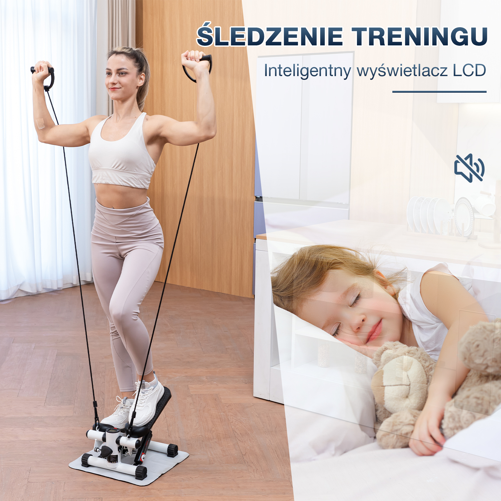 Kobieta ćwiczy ze stepperem. Wstawka: Śpiące dziecko z misiem. Tekst po polsku: Śledzenie treningu, wyświetlacz LCD.