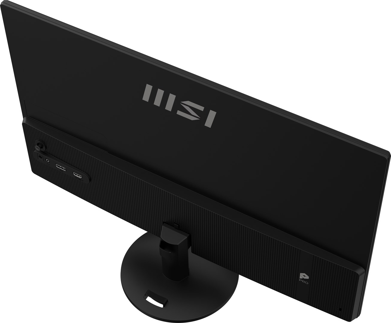 Czarny monitor komputera z perspektywy z góry. Widoczne logo MSI. Podstawa jest okrągła. Porty są widoczne z boku.