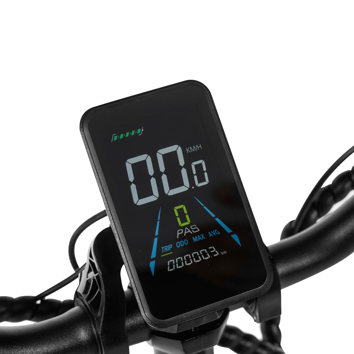 Zbliżenie wyświetlacza roweru elektrycznego pokazujące 00,0 km/h, 0 PAS i 00000,3 km. Wyświetlacz jest na czarnej kierownicy.