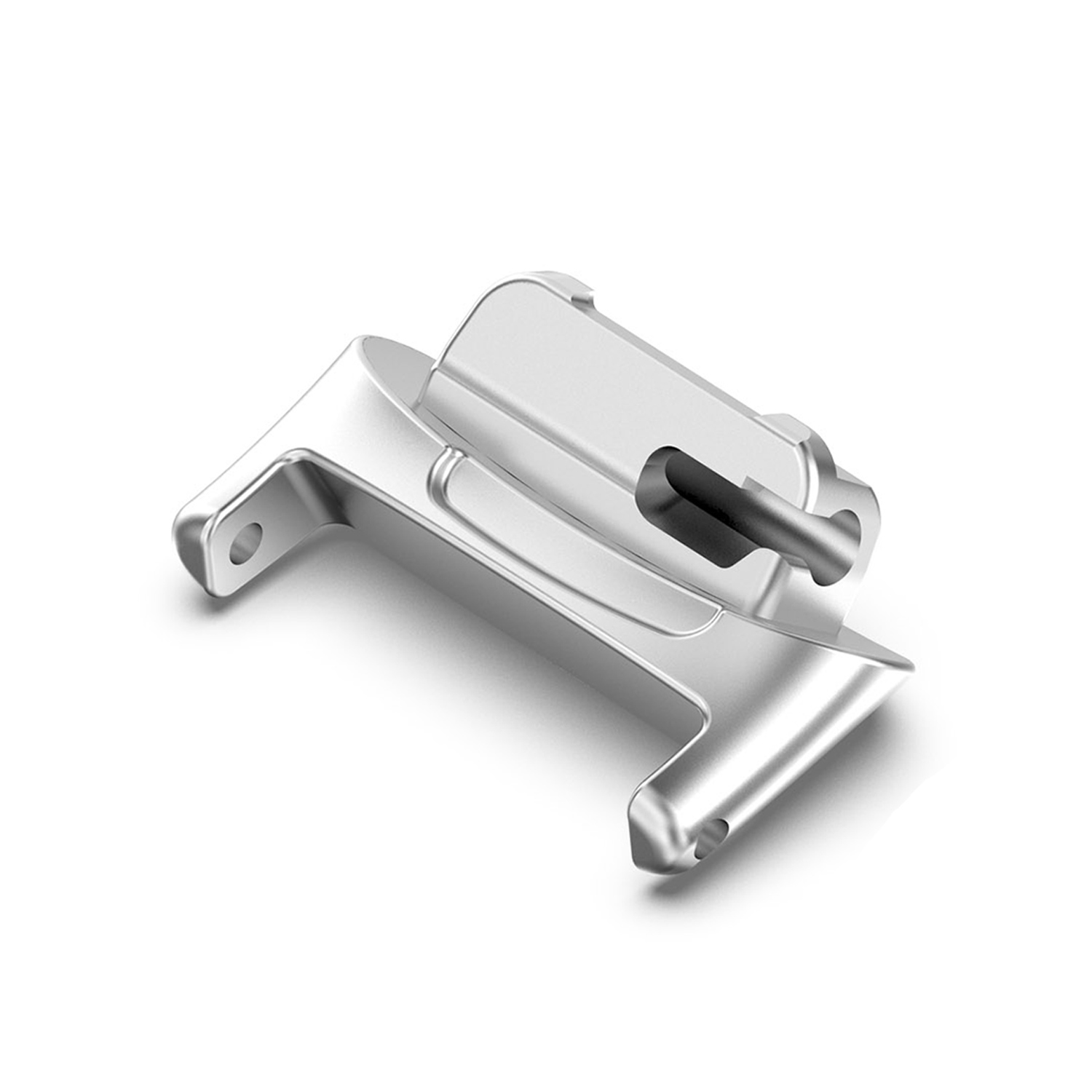 Een metalen, zilverkleurig mechanisch onderdeel ligt op een witte achtergrond. Het heeft gebogen armen en een rechthoekig bovendeel.