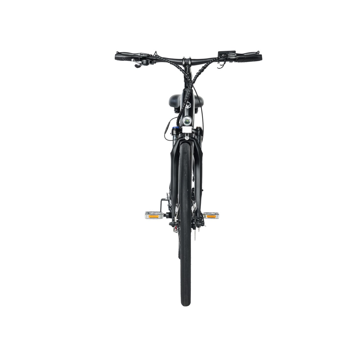 Czarny rower elektryczny jest wyśrodkowany, skierowany do widza. Szczegóły obejmują kierownicę, siodełko, przednie światło, pedały i przednie koło.
