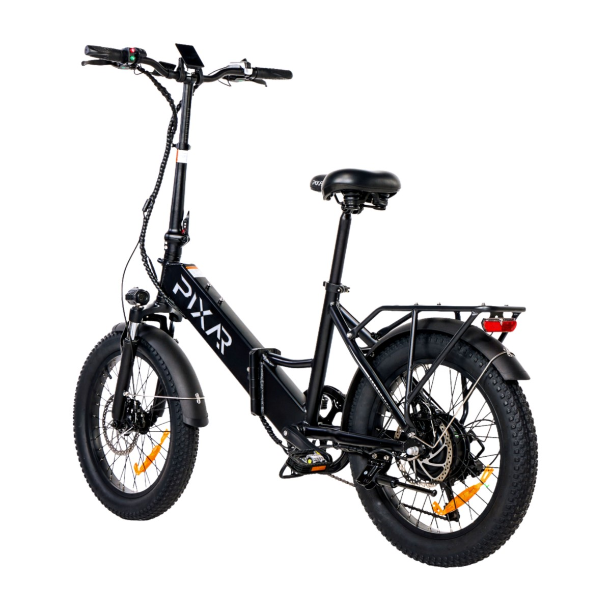 Czarny rower elektryczny Pixr jest pokazany na białym tle. Ma grube opony, bagażnik i światło. Rower jest złożony.