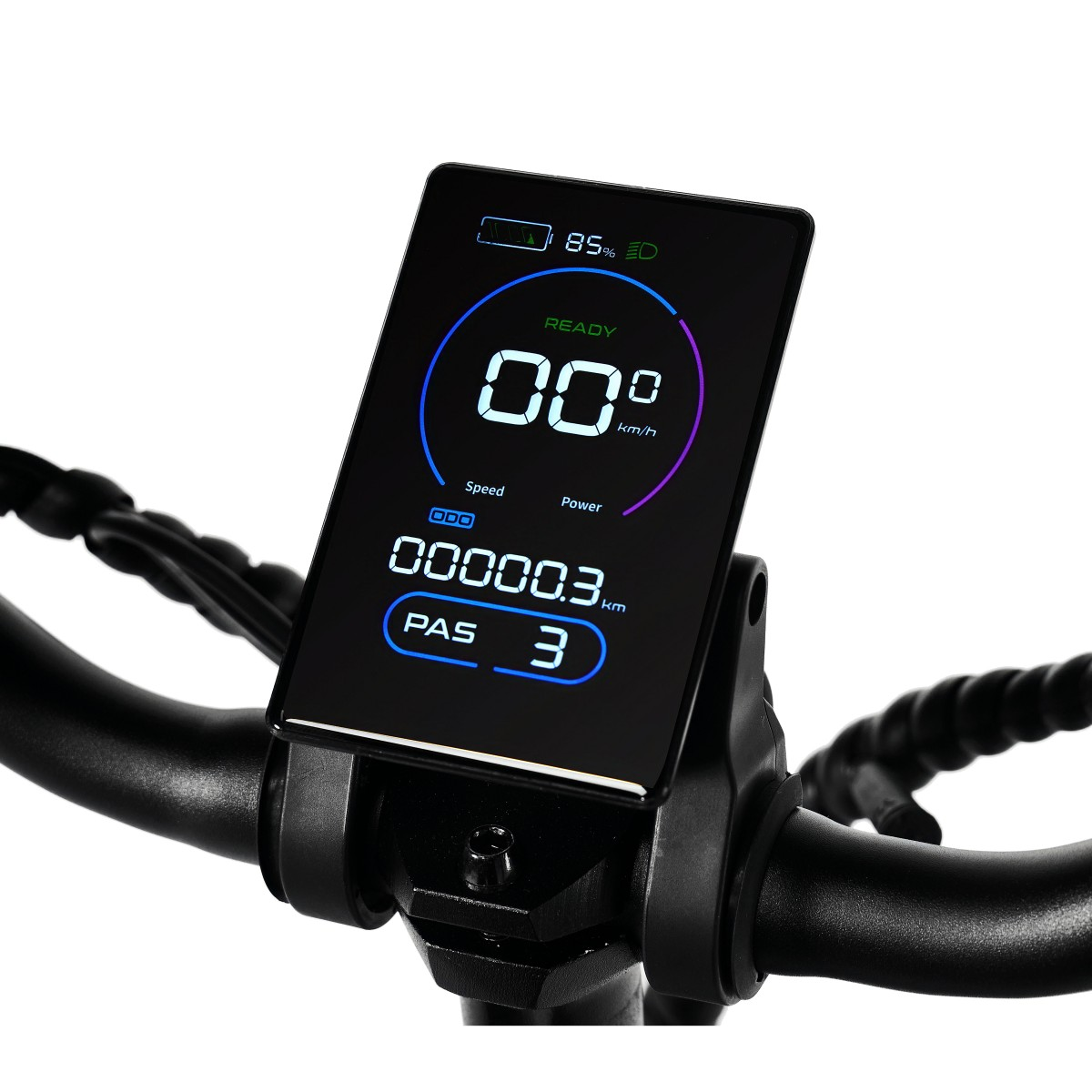Wyświetlacz roweru elektrycznego pokazuje prędkość, baterię i poziom PAS. Wyświetlacz pokazuje '00' km/h, '85%' baterii i 'PAS 3'. Kierownica jest czarna.