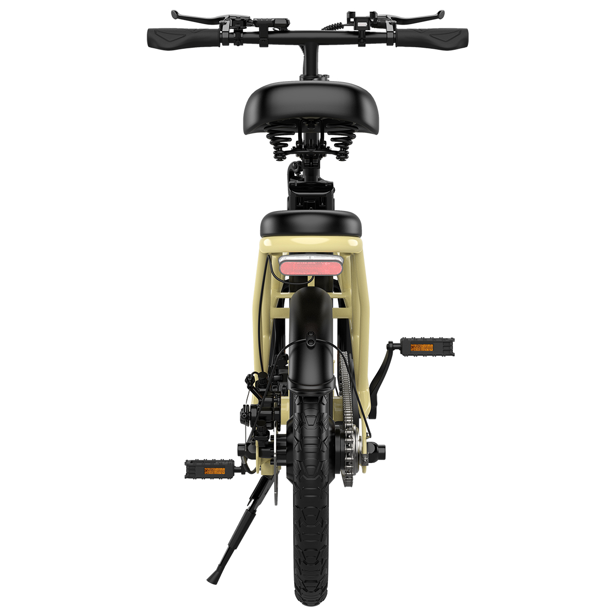 Widok z tyłu beżowego roweru elektrycznego. Posiada czarne siodełko, kierownicę i opony. Zawiera pedały i czerwone tylne światło.