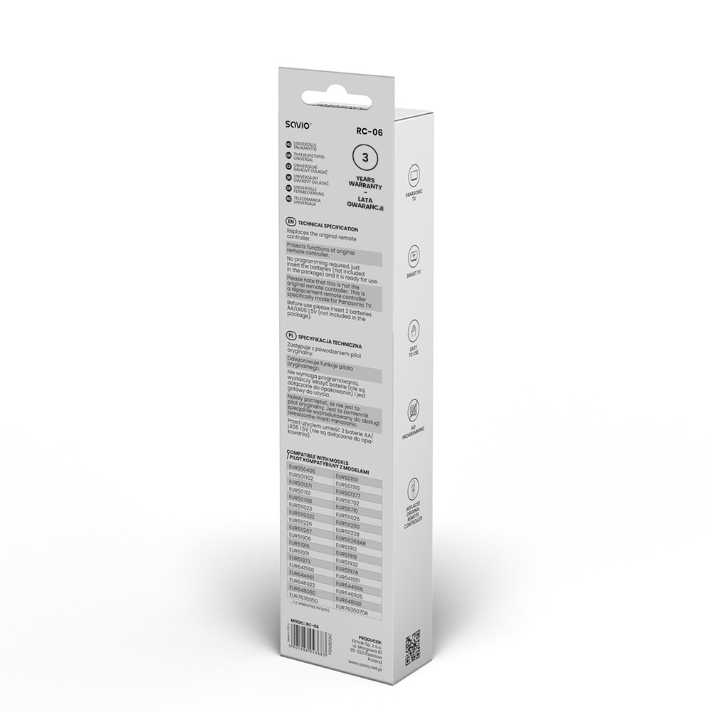 Biało-szare pudełko pilota z tekstem i grafiką, w tym '3 lata gwarancji' i informacje o produkcie.