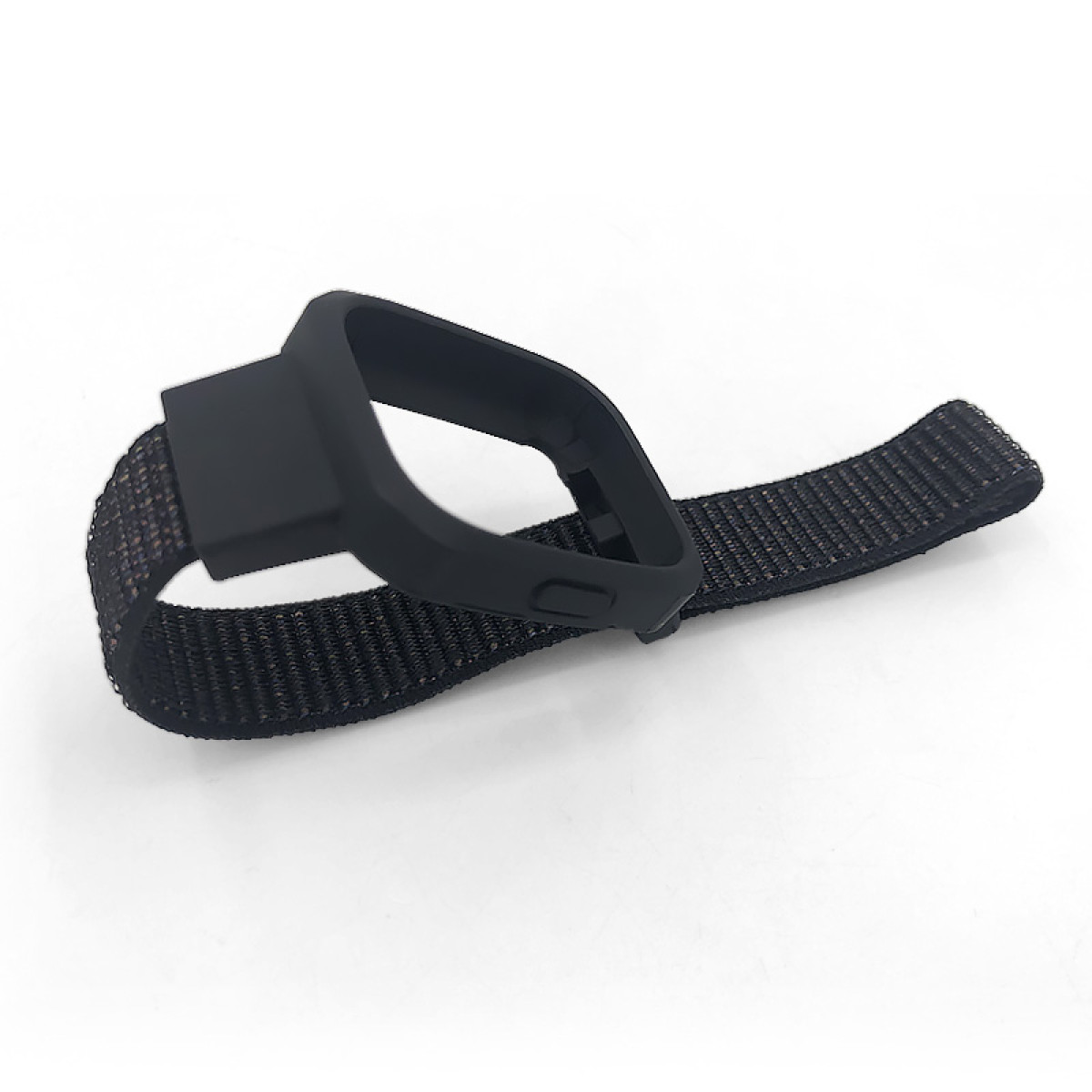 Czarny pasek do zegarka z czarną ramką na białej powierzchni. Pasek jest teksturowany i połączony z ramką.