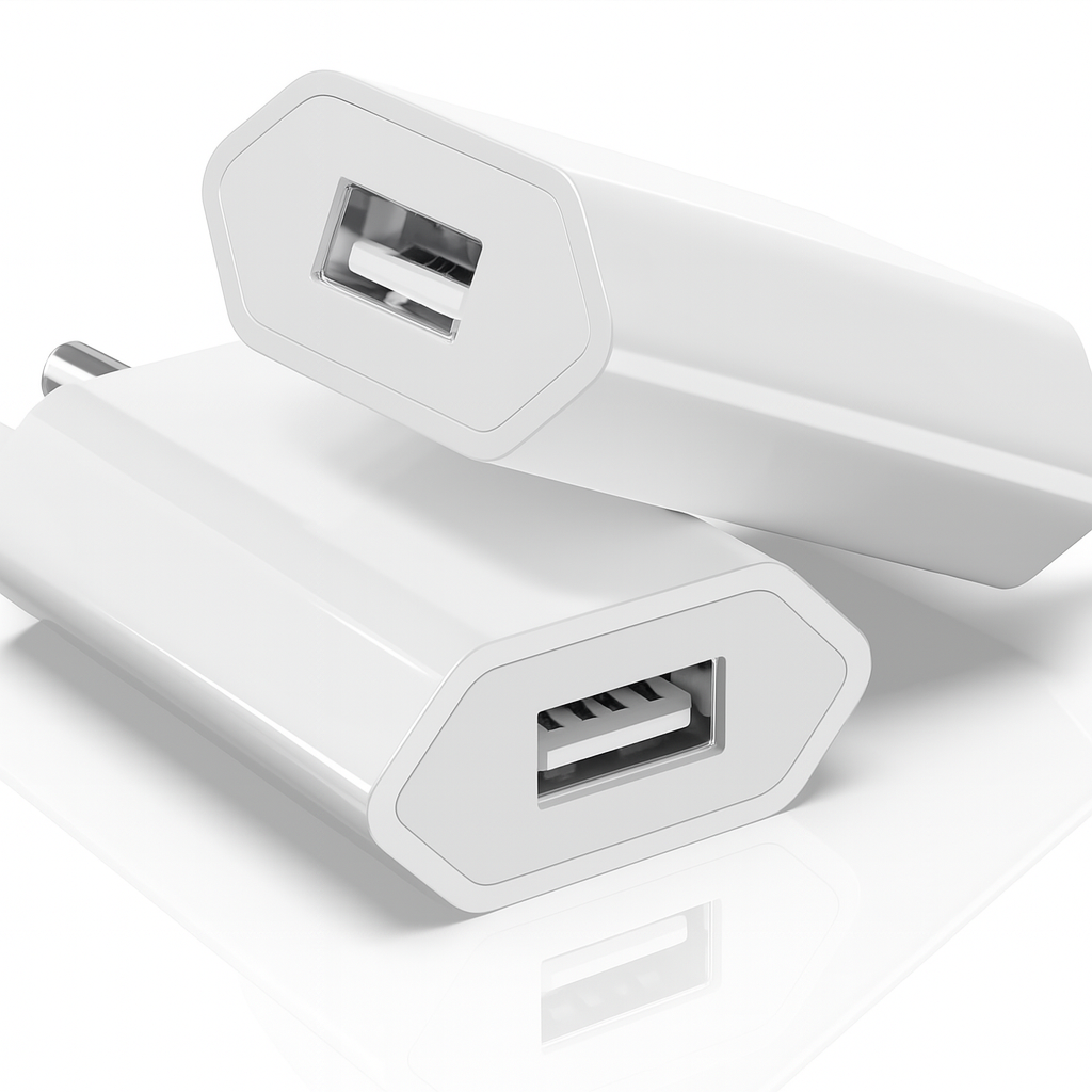 Zwei weiße USB-Ladegeräte liegen auf einer reflektierenden Oberfläche. Eines liegt leicht über dem anderen. Beide haben einen USB-Anschluss.