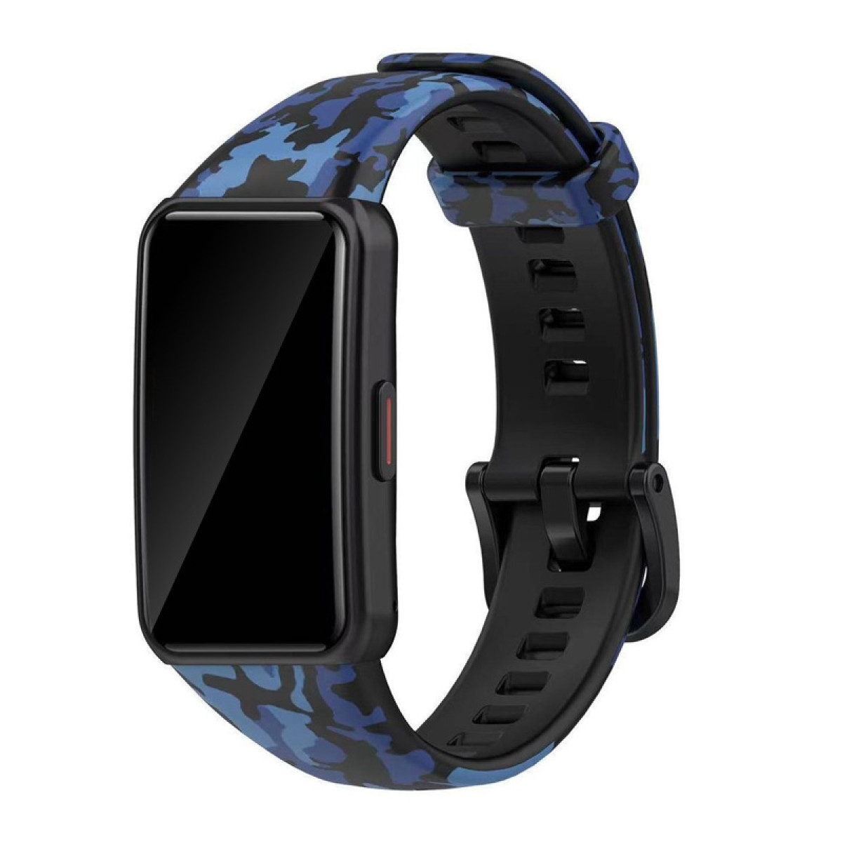 Eine schwarze Smartwatch mit rechteckigem Bildschirm und blauem Camouflage-Armband. Das Armband hat eine schwarze Schnalle.