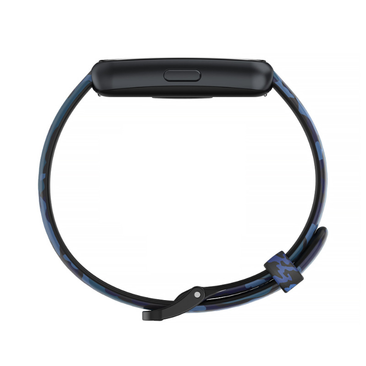 Schwarze Smartwatch mit blauem Tarnarmband. Die Uhr ist zentriert und zeigt den Bildschirm und das runde Armband.