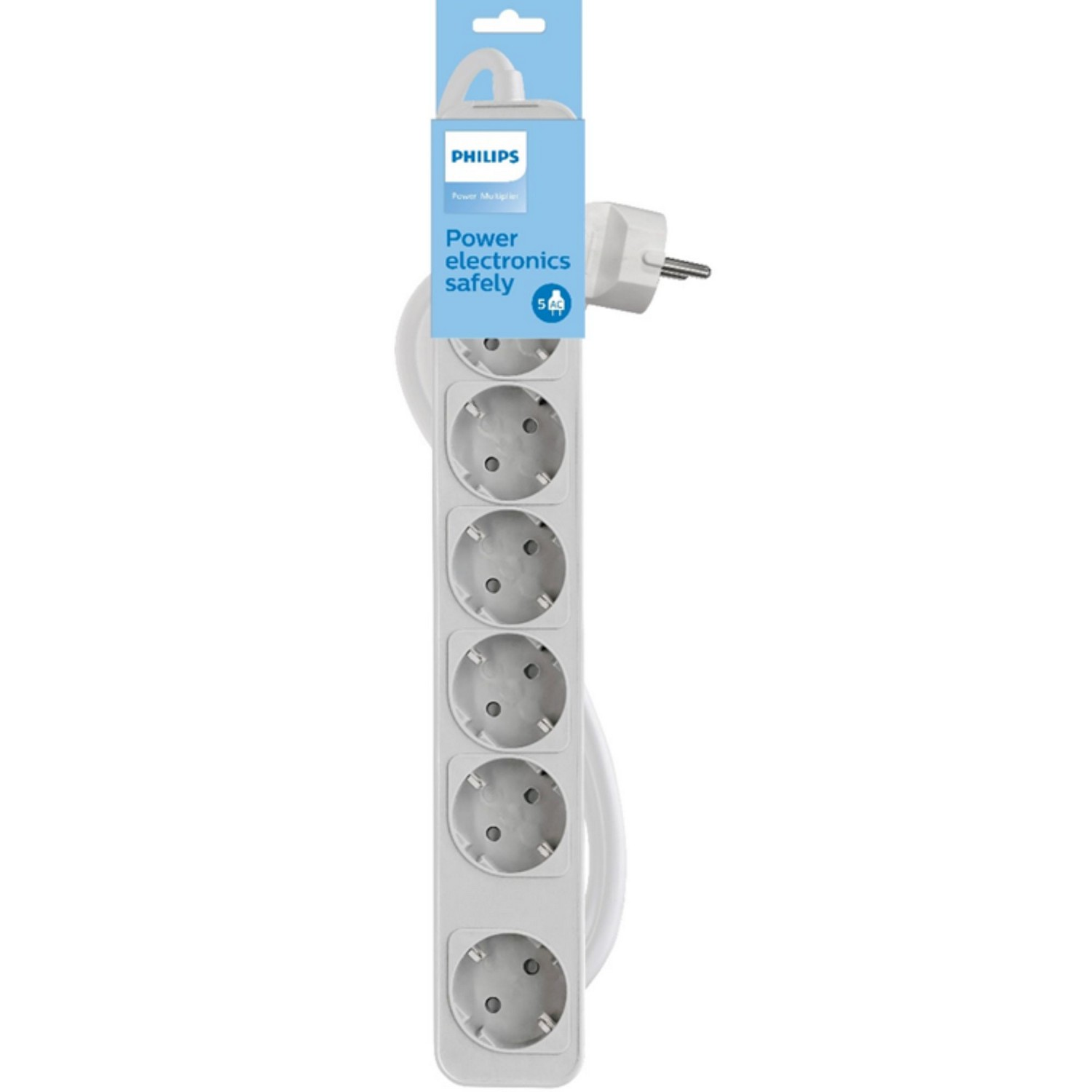Una regleta Philips blanca con 5 enchufes, cable blanco y enchufe blanco. El embalaje es azul con el logotipo de Philips.