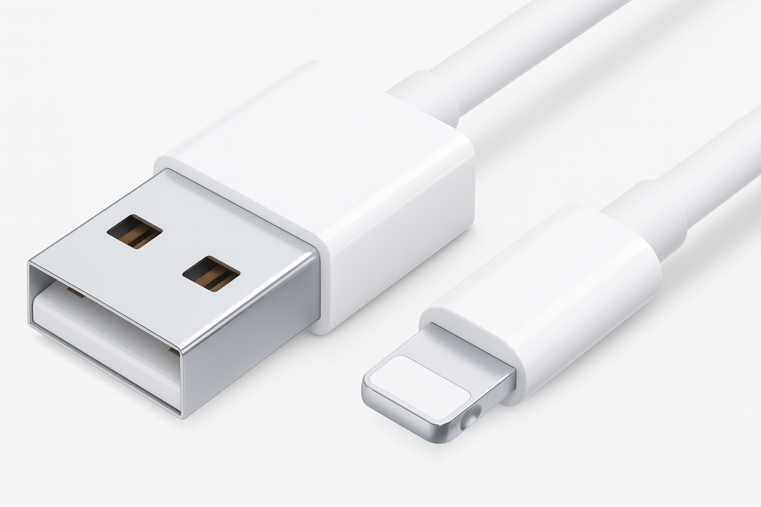 Ein weißes USB-auf-Lightning-Kabel. Das USB-Ende ist rechteckig, das Lightning-Ende ist kleiner und metallisch.