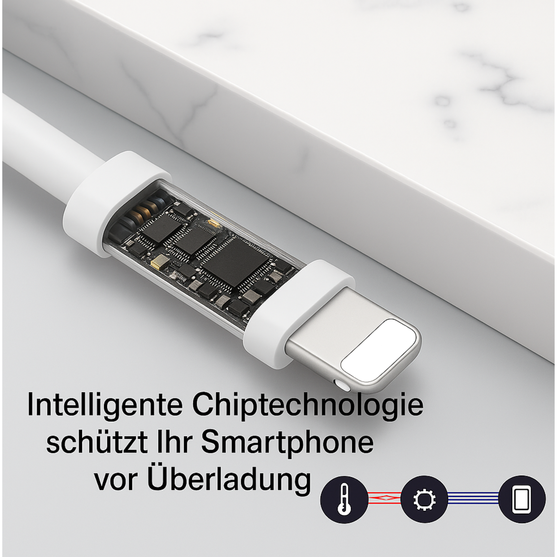 Nahaufnahme eines weißen Ladekabels mit transparentem Ende, das interne Chips zeigt. Text: 'Intelligente Chiptechnologie schützt Ihr Smartphone'.