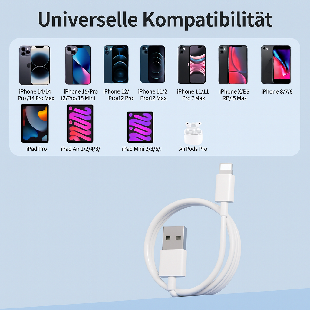 Das Bild zeigt verschiedene Apple-Geräte wie iPhones und iPads mit einem weißen Ladekabel unten. Der Text lautet 'Universelle Kompatibilität'.