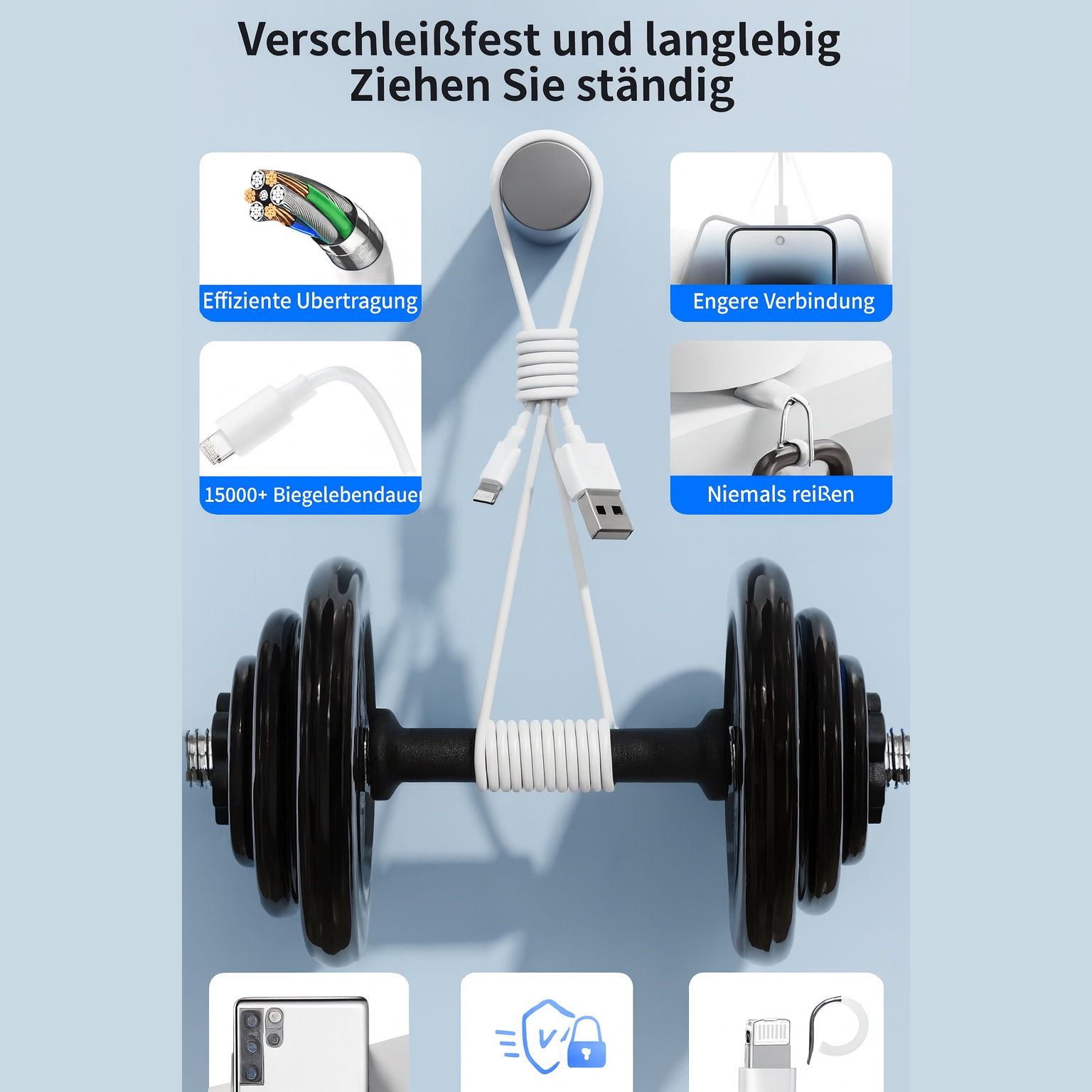 Das Bild zeigt ein Kabel mit mehreren Anschlüssen, eine Hantel und Symbole, die Haltbarkeit und effiziente Datenübertragung suggerieren.