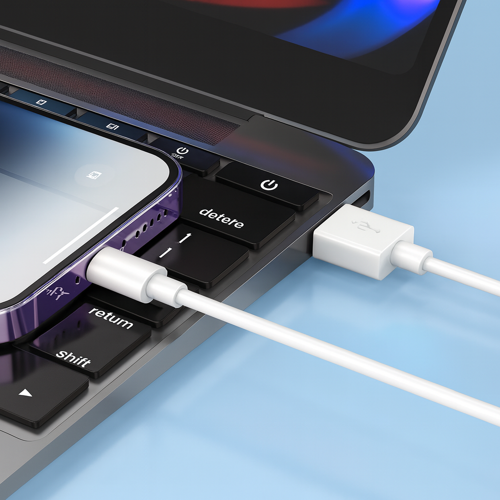 Ein Smartphone ist über ein weißes Ladekabel mit einem Laptop verbunden. Tastatur und Bildschirm sind sichtbar, vor blauem Hintergrund.