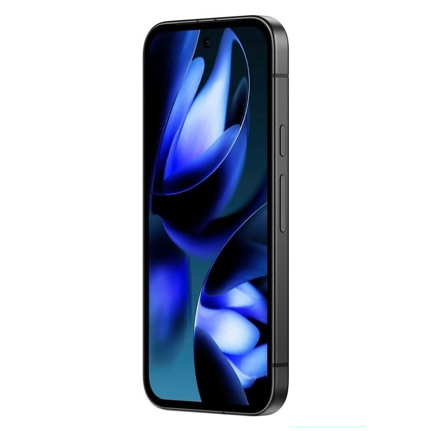 Czarny smartfon pokazany z bliska. Ekran wyświetla niebieskie abstrakcyjne kształty. Telefon ma zaokrąglone krawędzie i aparat.