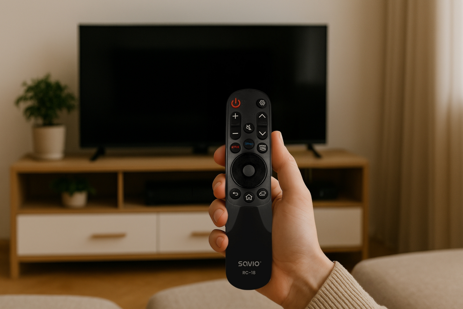 Ręka trzyma czarnego pilota przed telewizorem. Poniżej drewniana szafka. Po lewej roślina w doniczce.