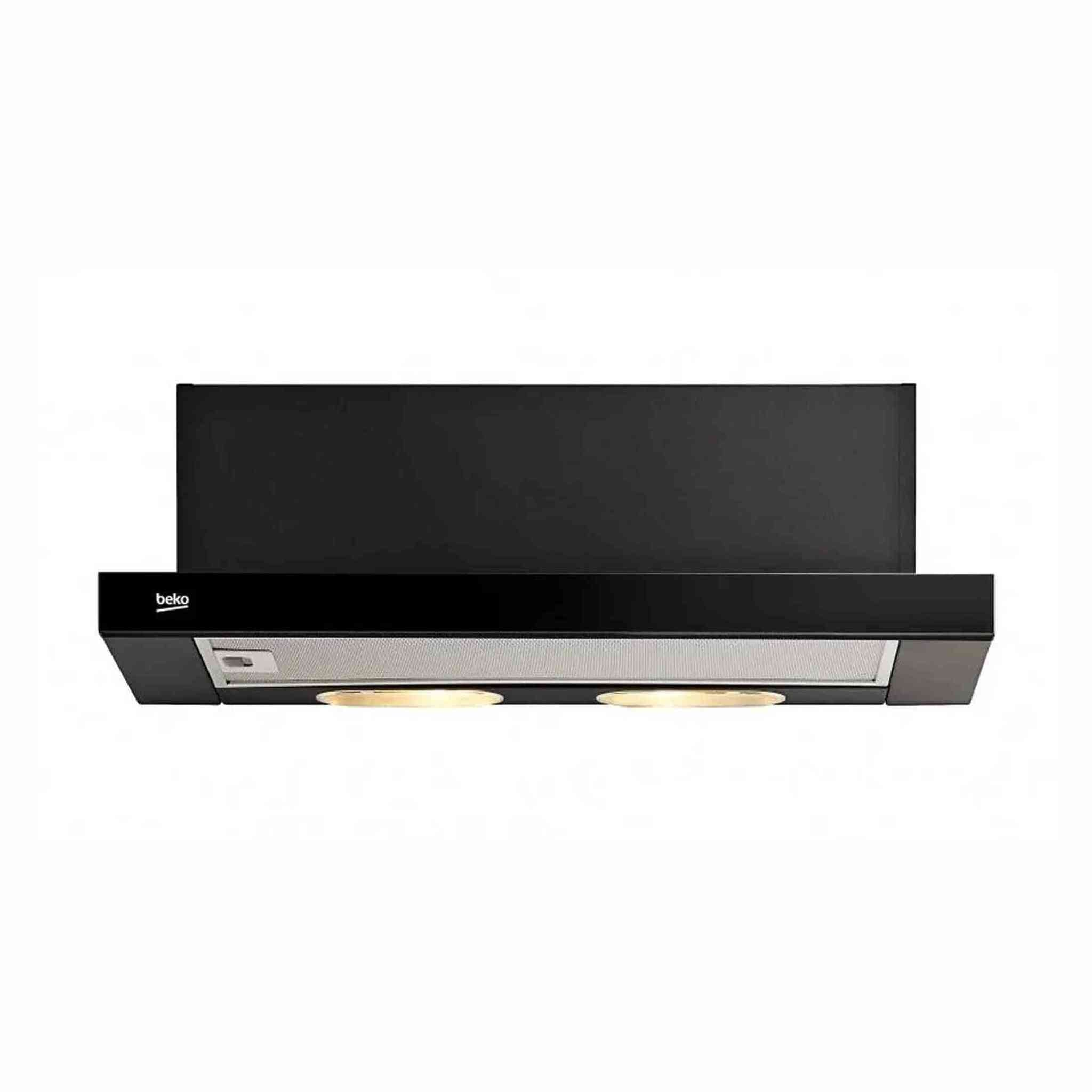 Pokazano czarny okap Beko. Ma dwa światła i filtr siatkowy. Tło jest białe.