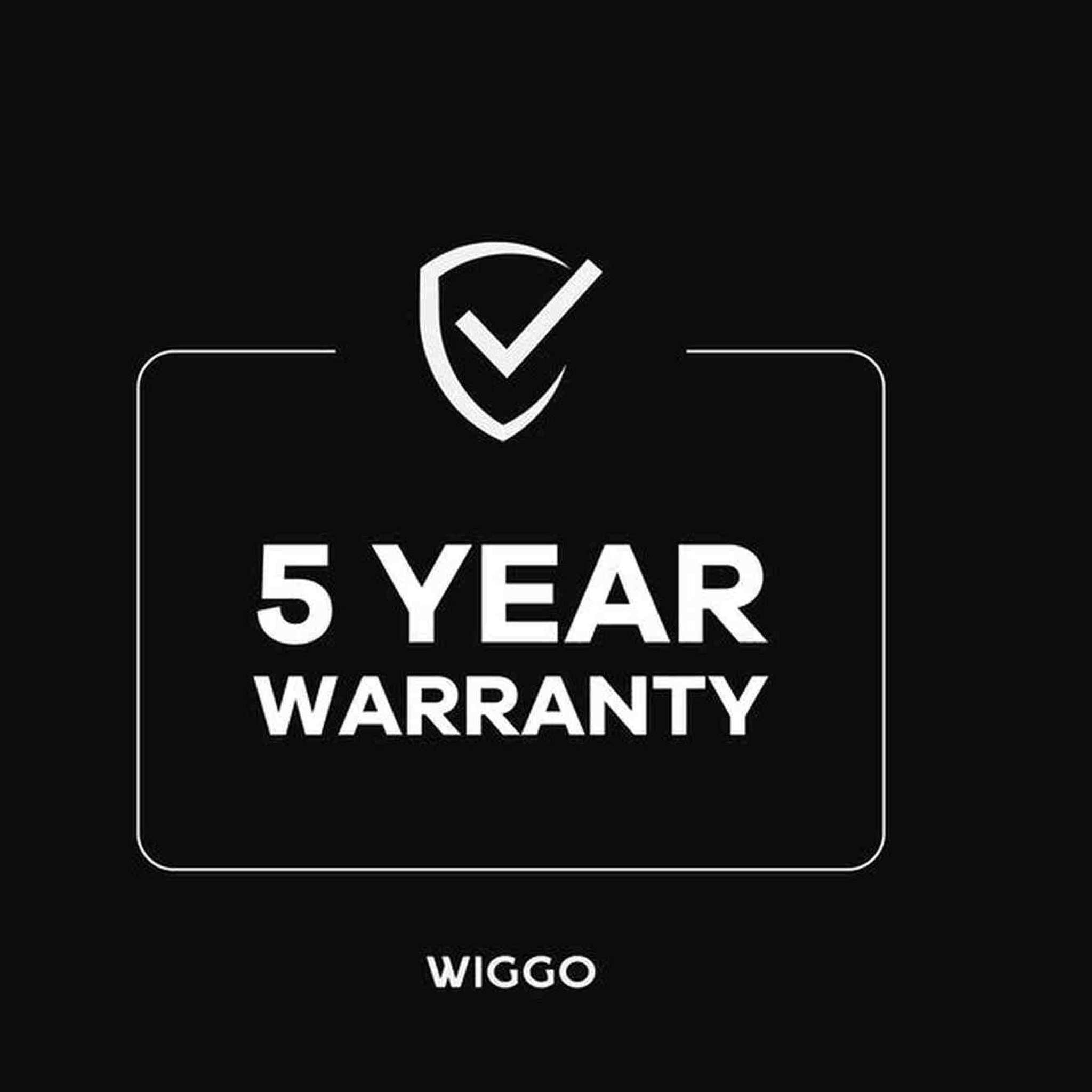 Black background with white text and logo. It says '5 YEAR WARRANTY' and 'WIGGO'.