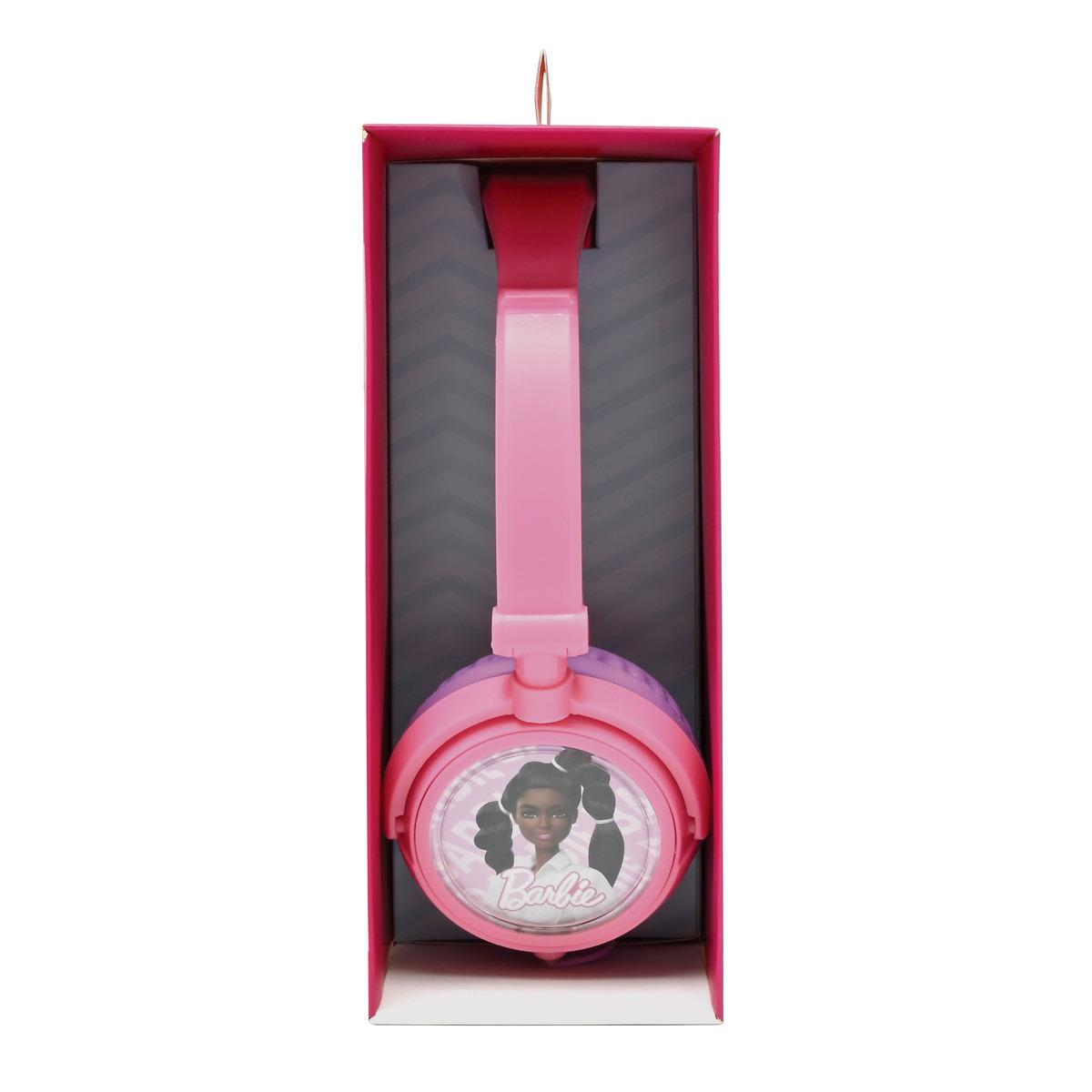 Cuffie Barbie rosa in una scatola. Le cuffie hanno un'immagine di Barbie.