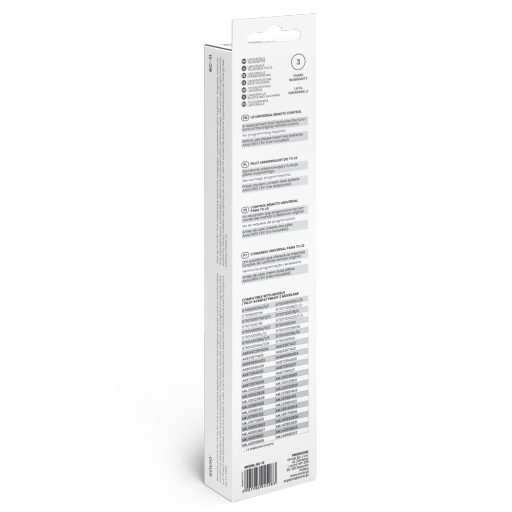 Białe opakowanie pilota z informacjami w wielu językach. Pilot ma 3 lata gwarancji.