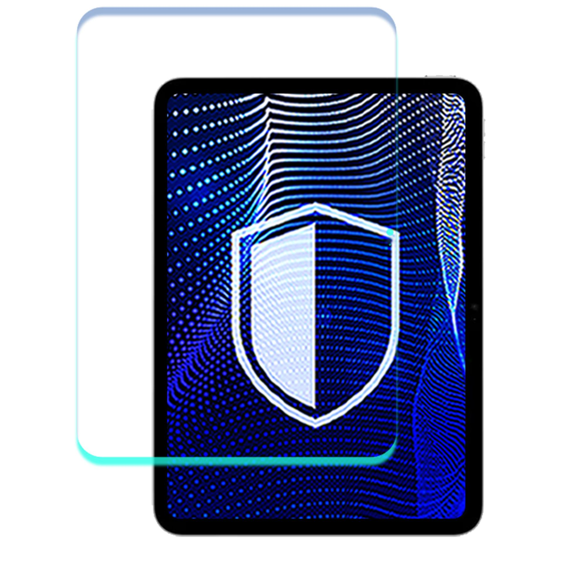 Tablet z ochraniaczem ekranu. Ekran wyświetla niebieski wzór i ikonę tarczy.
