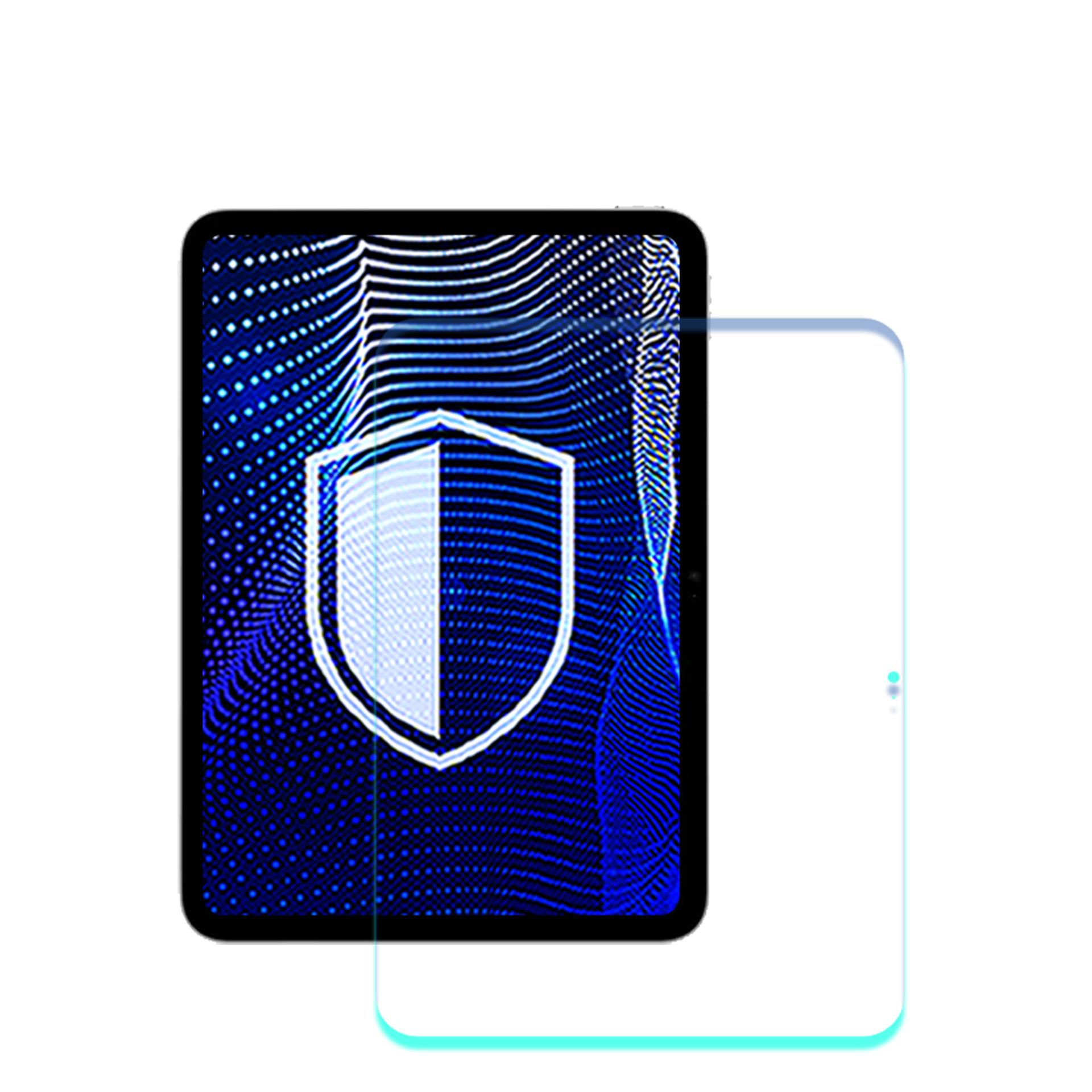 Ochraniacz ekranu tabletu z niebieskim grafikiem tarczy. Ekran pokazuje niebieski wzór. Przezroczysty ochraniacz po prawej.