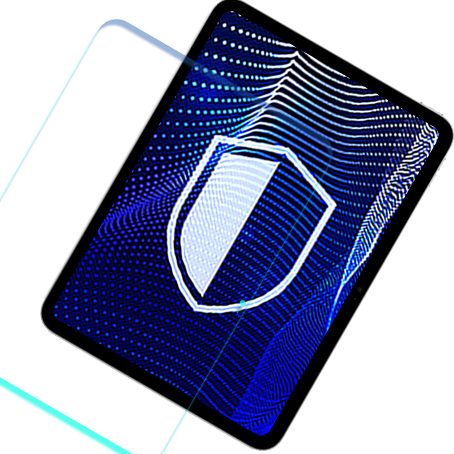 Ekran tabletu z ikoną tarczy na niebieskim tle. Ochraniacz ekranu jest częściowo widoczny na pierwszym planie.