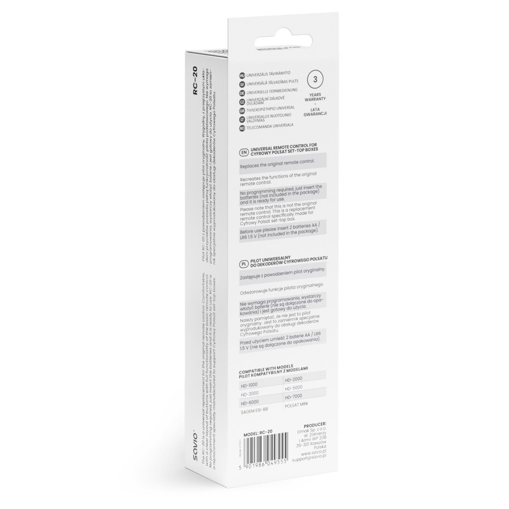 Białe pudełko produktu z tekstem, schematem pilota i logo marki. Zawiera model i kompatybilne modele.