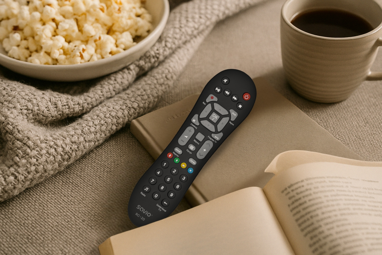 Pilot leży na książce, obok popcorn, kawa i kolejna książka, tworząc relaksującą atmosferę.