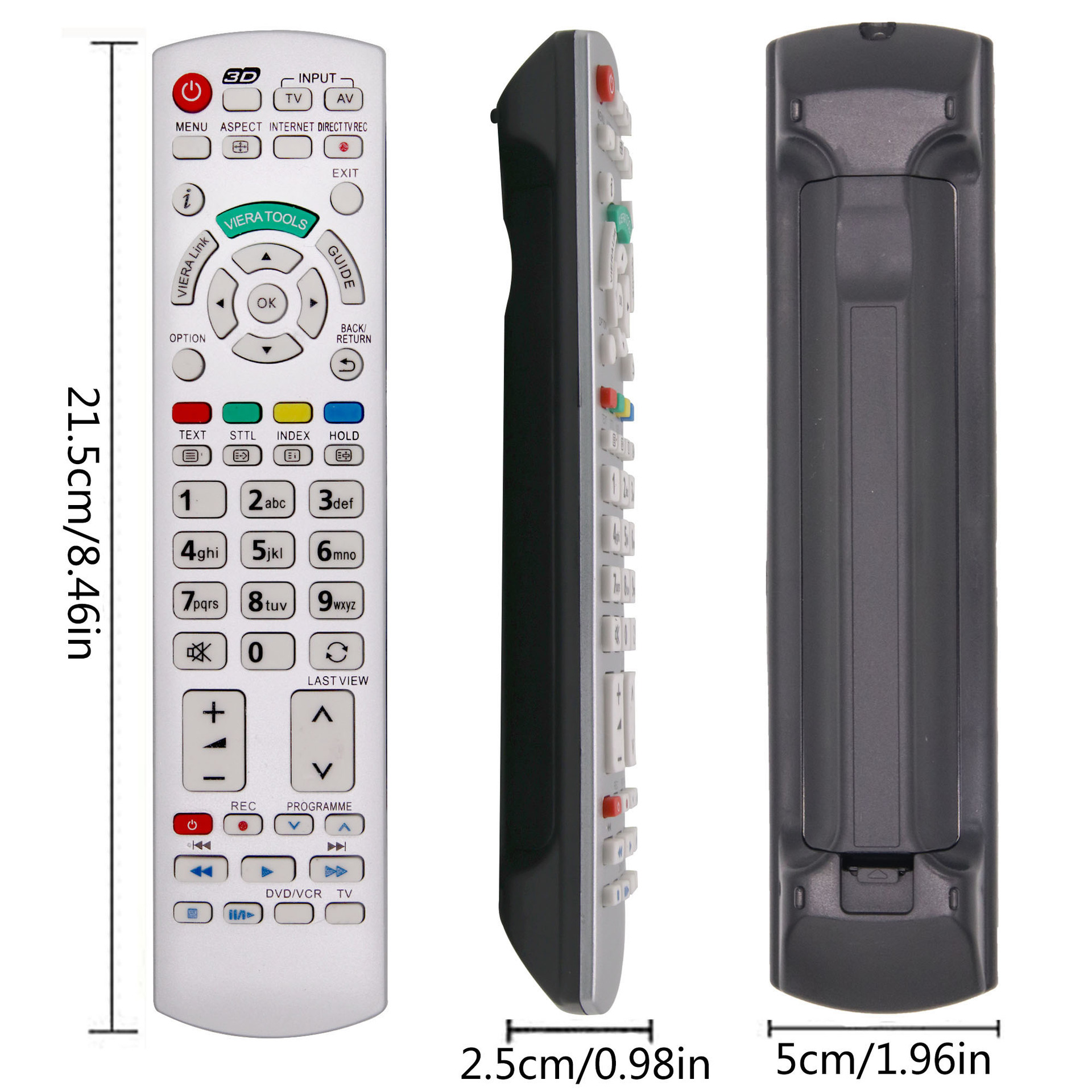 Eine Panasonic TV-Fernbedienung. Sie ist weiß, schwarz und grau und hat viele Tasten.